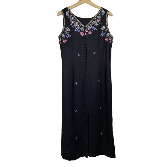 Linen Maxi Shift Dress Women 10P‎ Floral Embroidered Sleeveless Y2K Vtg Modest - Picture 1 of 12